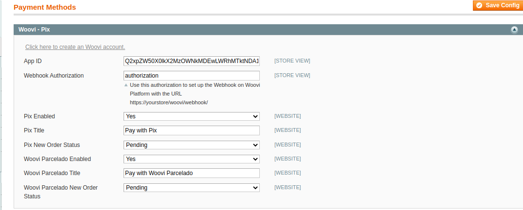 Configurações Woovi Parcelado